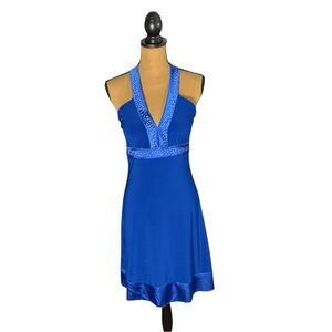 Y2K Taboo Blue Halter Dress Womens Large Sequin Trim Club Party McBling